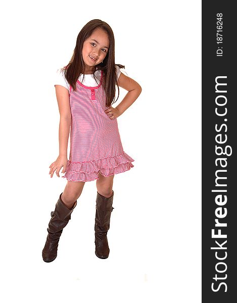 A young girl in a pink dress and boots smiling into the camera
for white background. A young girl in a pink dress and boots smiling into the camera
for white background.