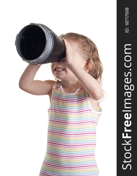 A girl looking through a cone.  She is spotting something in the distance. A girl looking through a cone.  She is spotting something in the distance.