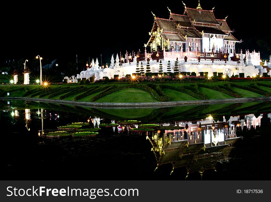 Pavillion In The Night With Glass Water