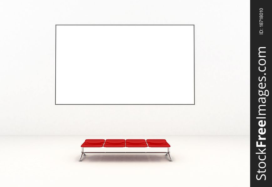 Empty white room with empty frame and red bench - realistic 3d render