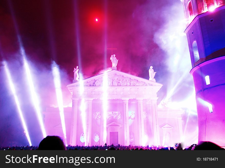 Floodlighting of the church in the christmas night. Floodlighting of the church in the christmas night