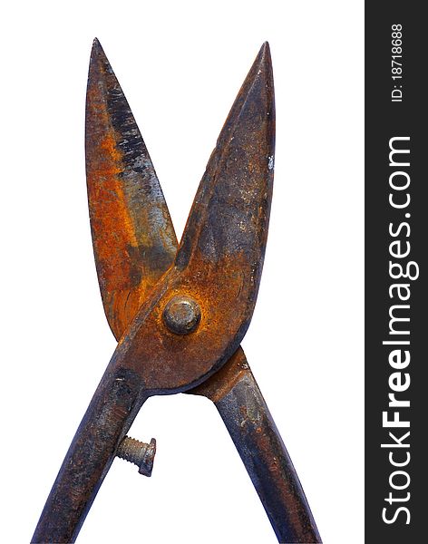 Old rusty tools, scissors, secateurs, isolated on a white background