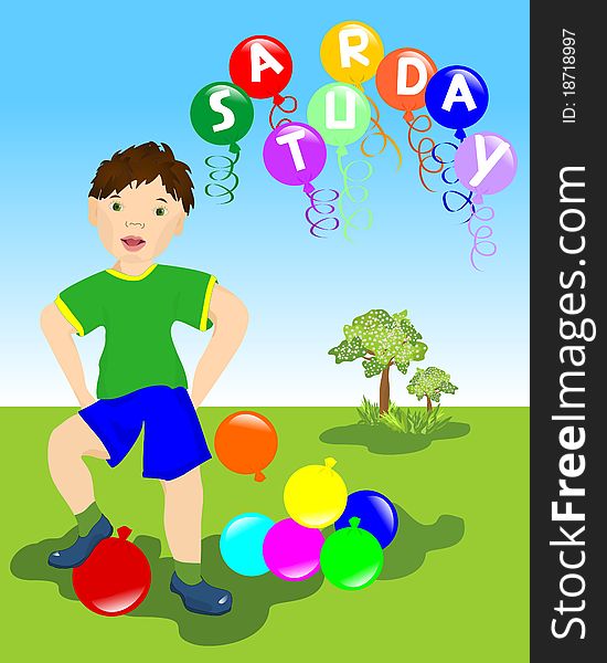 Boy playing with colored balloons and balloons with letters forming the word Saturday, vector format. Boy playing with colored balloons and balloons with letters forming the word Saturday, vector format