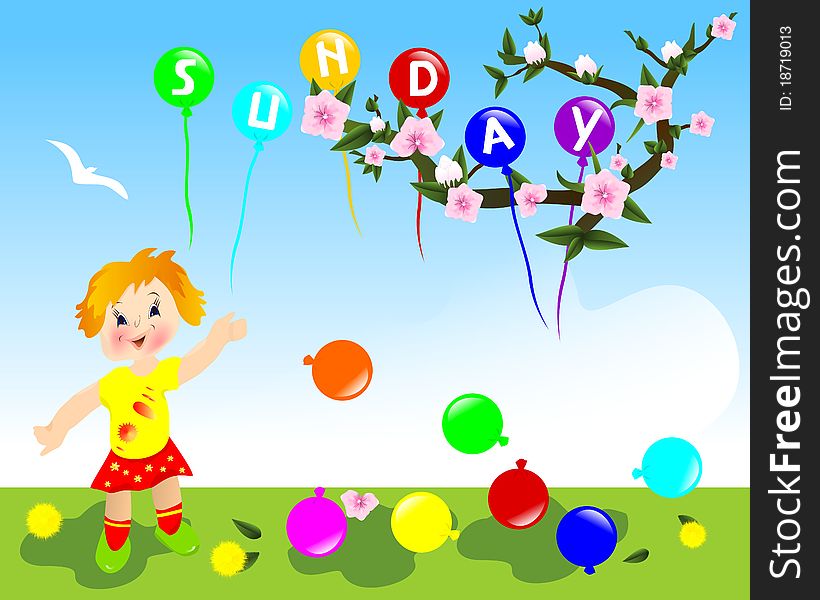Girl playing with baloons and baloons with letters forming the word Sunday, vector format. Girl playing with baloons and baloons with letters forming the word Sunday, vector format