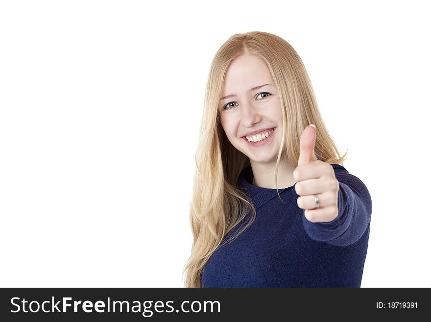 Young beautiful smiling woman shows thumb up. Isolated on white.