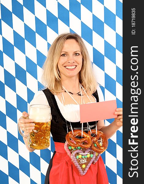 Woman with traditional dress and beer on oktoberfest. Woman with traditional dress and beer on oktoberfest