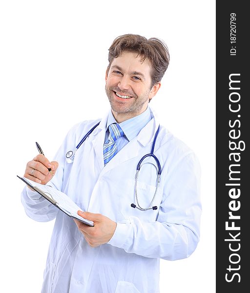 Medical doctor with stethoscope. Isolated over white background