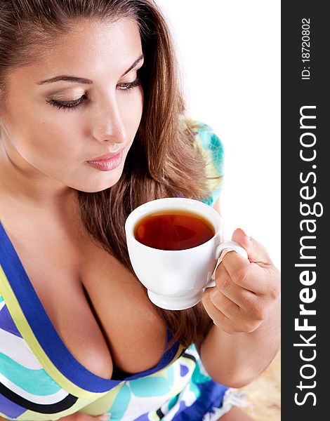 Beauty woman with fresh cup of black tea. Beauty woman with fresh cup of black tea