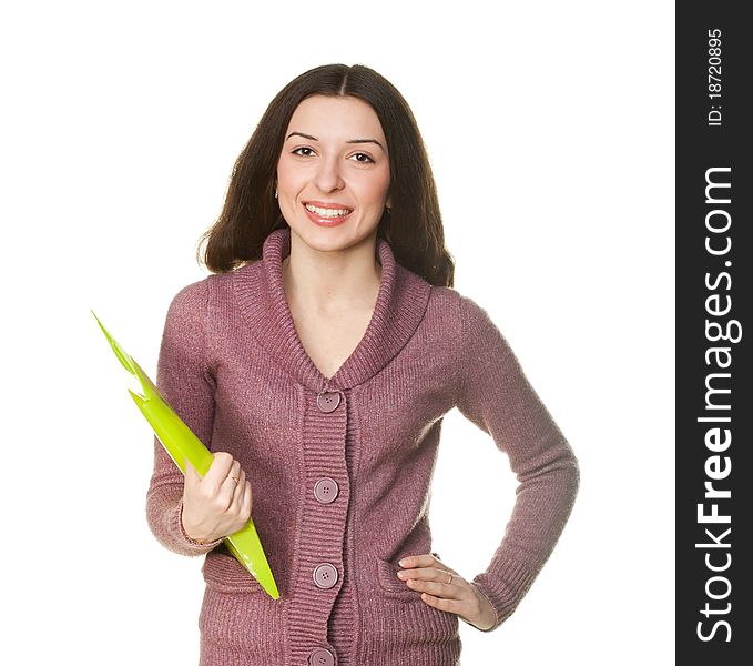 Smiling girl in a sweater with a folder on a white background