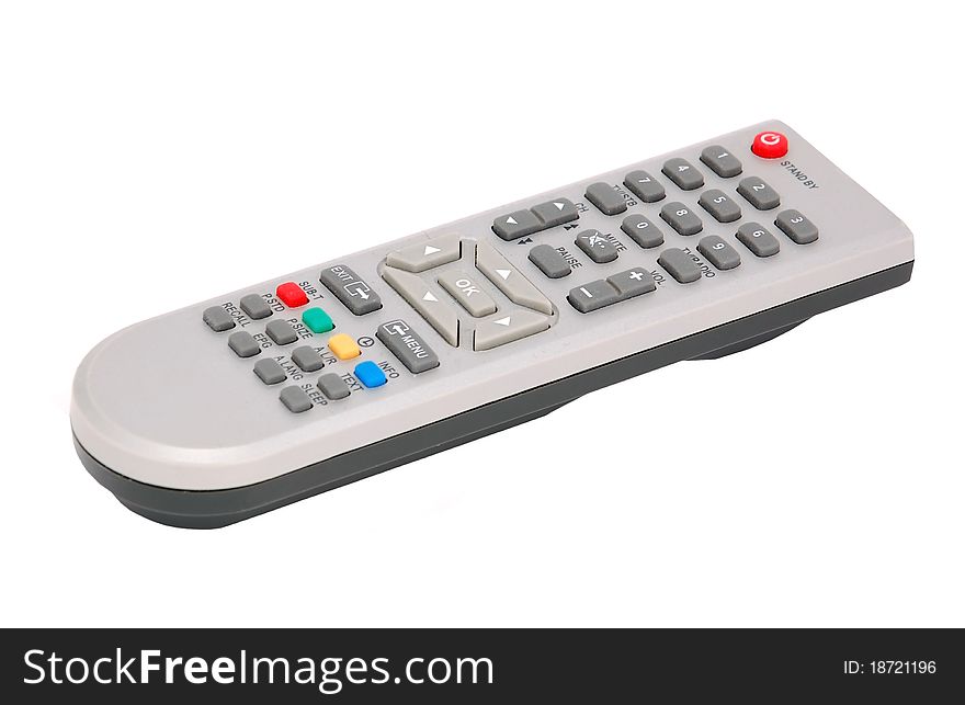 Remote control for cable TV set on white background