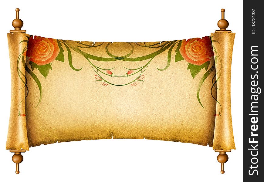 Floral vintagel background.Old paper scroll with rose