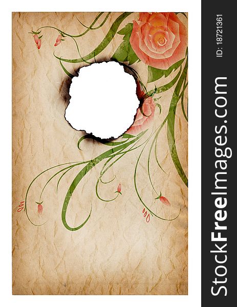 Burn hole in a piece of paper with roses decoration. Burn hole in a piece of paper with roses decoration