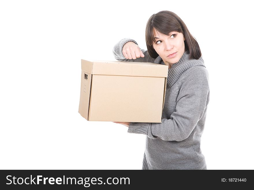Young adult brunette woman holding cardbox. over white background. Young adult brunette woman holding cardbox. over white background