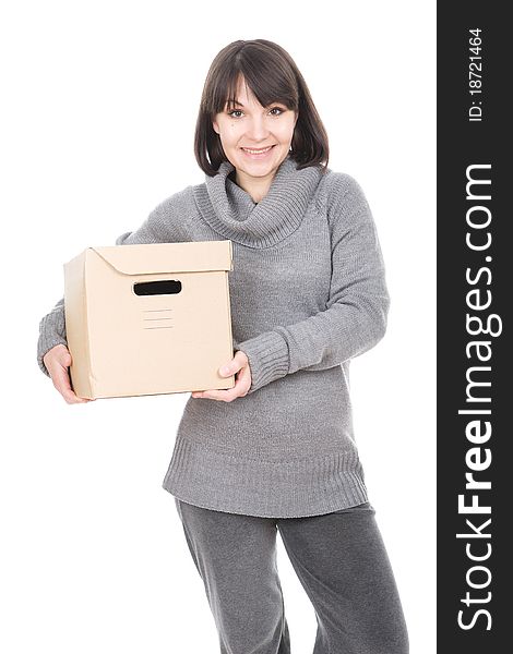 Young adult brunette woman holding cardbox. over white background. Young adult brunette woman holding cardbox. over white background