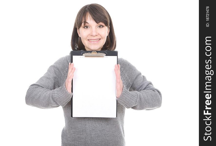 Young adult woman with banner. over white background