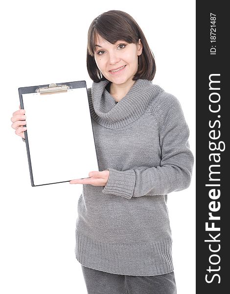 Young adult woman with banner. over white background