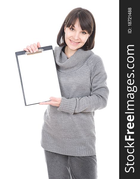 Young adult woman with banner. over white background