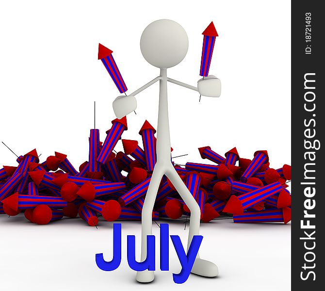 3d figure surrounded by rockets; this picture deals with the theme of july. 3d figure surrounded by rockets; this picture deals with the theme of july.