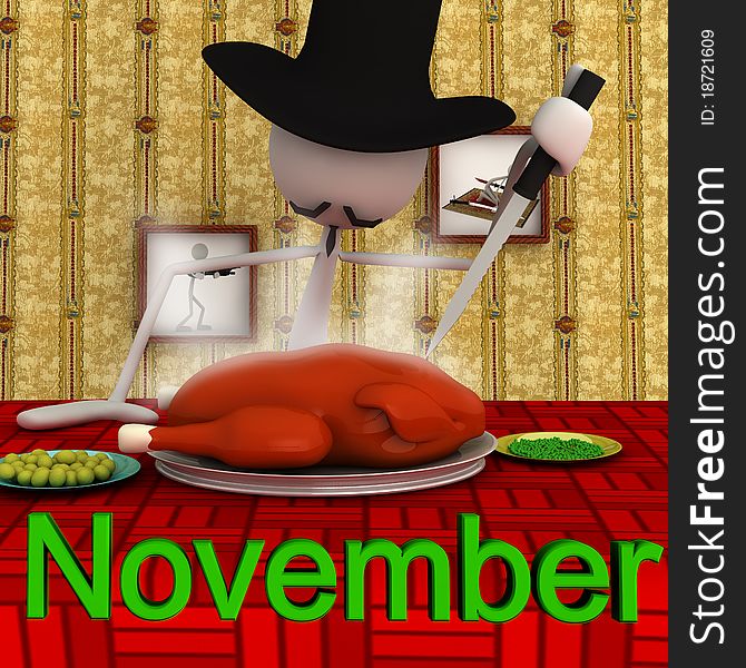 3d figure eating a turkey; this picture deals with the theme of november. 3d figure eating a turkey; this picture deals with the theme of november.