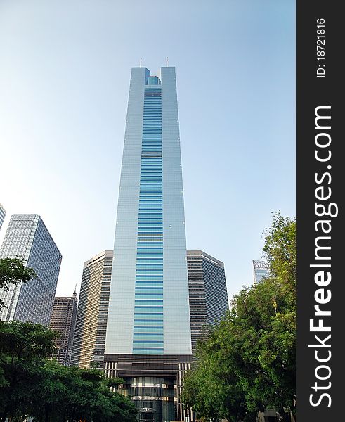 Modern office building with blue sky background in guangzhou city.