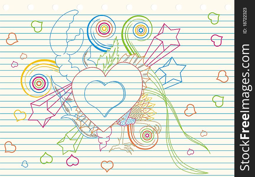 Love doodle and floral paper line star
