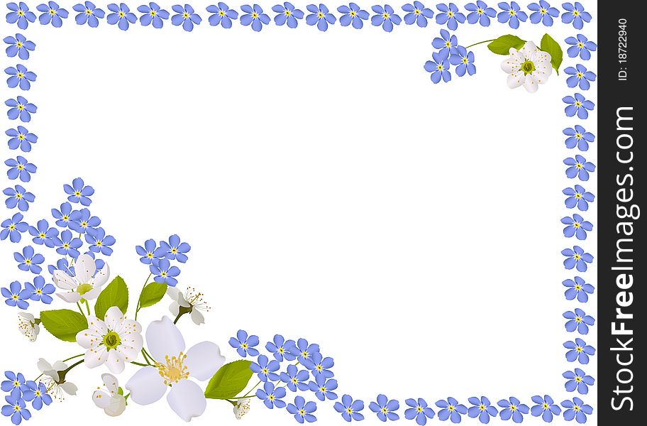 Illustration with white and blue spring flowers frame