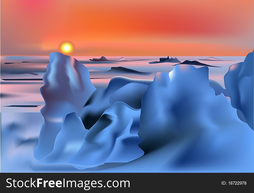 Sunset In Snow Desert Illustration