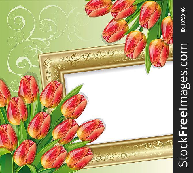 Spring green background with frame and red tulips.Clipping Mask. Spring green background with frame and red tulips.Clipping Mask