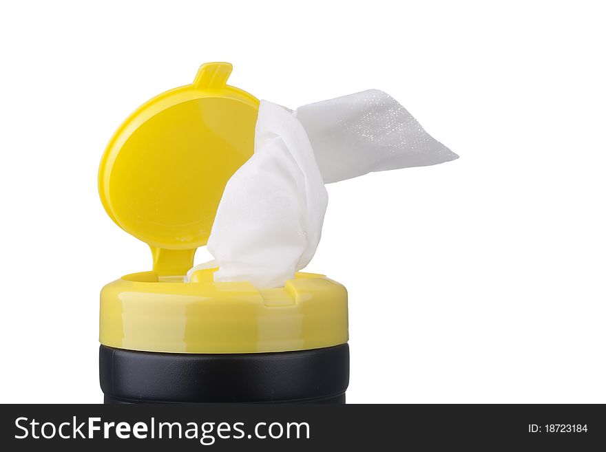Napkin for cleaning in a plastic container with a white background. Napkin for cleaning in a plastic container with a white background.
