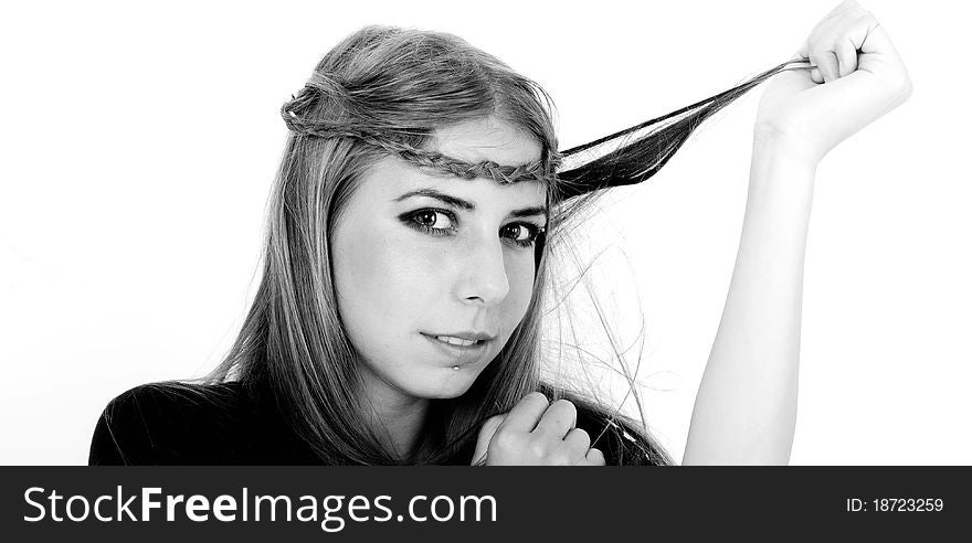 Black and white portrait of a girl smiling isolated on white. Black and white portrait of a girl smiling isolated on white