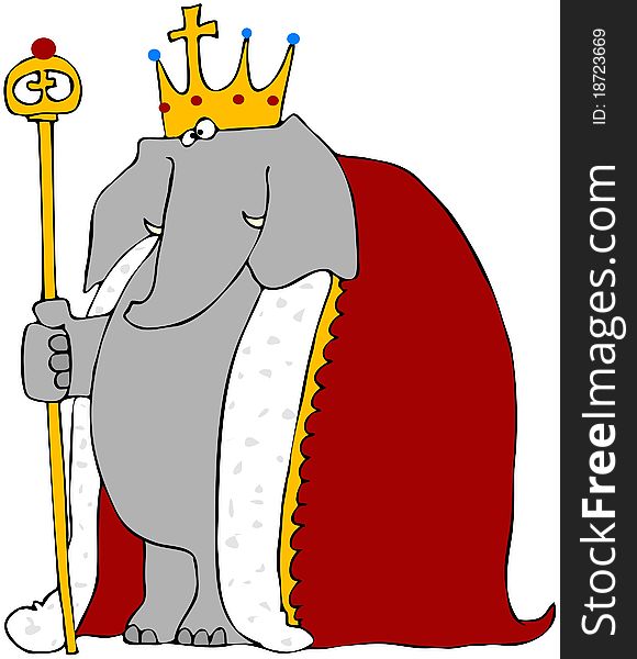 This illustration depicts an elephant wearing a crown and robe while holding a staff. This illustration depicts an elephant wearing a crown and robe while holding a staff.