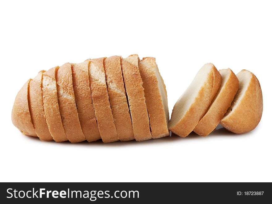 One white bread with brown crusty peel, pre-sliced for sandwichesand isolated on white background. One white bread with brown crusty peel, pre-sliced for sandwichesand isolated on white background
