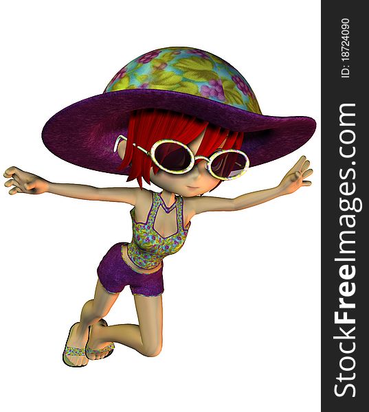 3D rendering girl with tropical hat and sunglasses. 3D rendering girl with tropical hat and sunglasses