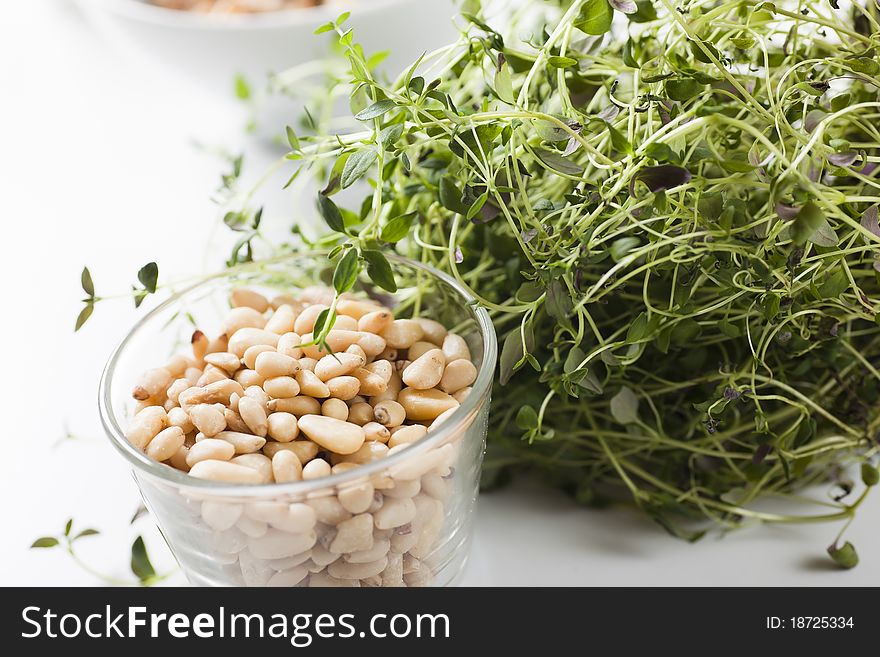 Pine nuts in a glass and a plant of thyme on a white kitchen table. Pine nuts in a glass and a plant of thyme on a white kitchen table