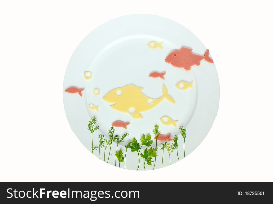 Cheese And Meet Fishes On White Plate