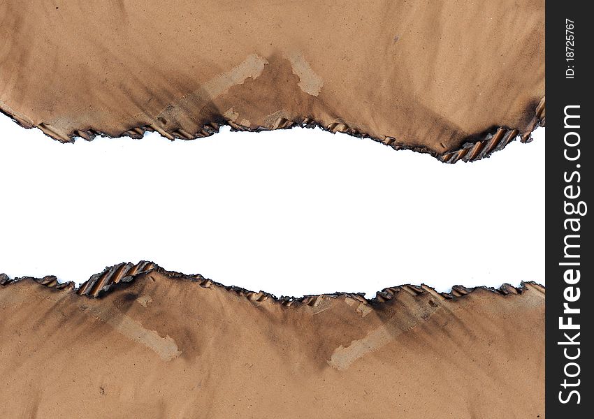 Burned cardboard paper frame. isolated over white background. high resolution