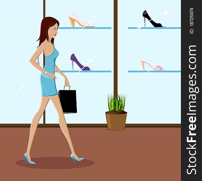 Illustration of fashionable lady shopping in a mall