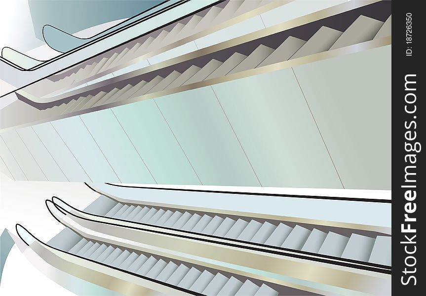 Many escalators indoor, view from above, vector