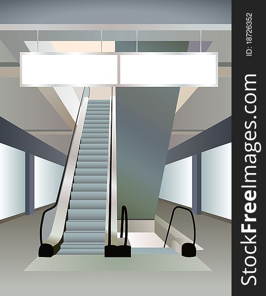 Two escalators in mall and plates, vector