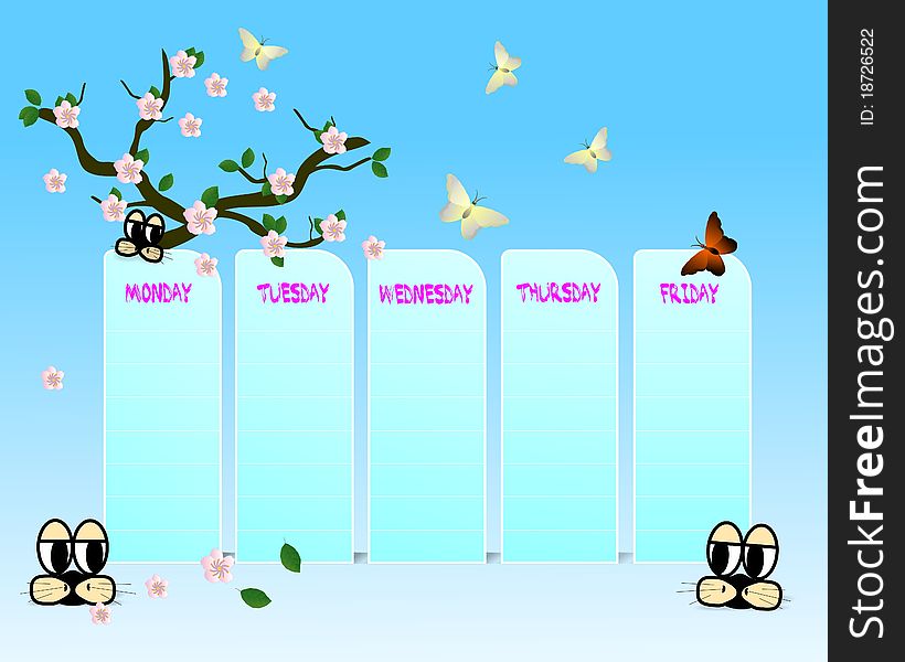 Funny school timetable with cats heads, butterflies and cherry blossom on blue sky background, vector format. Funny school timetable with cats heads, butterflies and cherry blossom on blue sky background, vector format