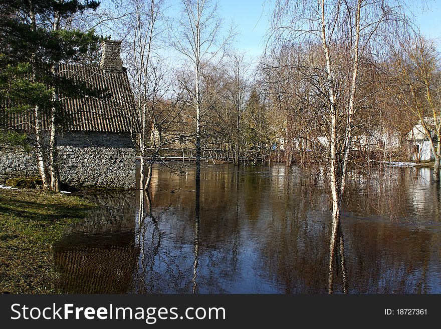 Trees and houses in flood water in spring. Trees and houses in flood water in spring