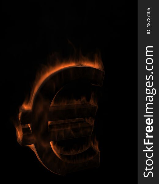 Money Euro symbol in fire on a black background