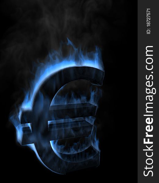 Money Euro symbol in fire on a black background