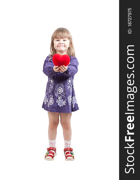 Young girl in purple dress with red heart. Young girl in purple dress with red heart