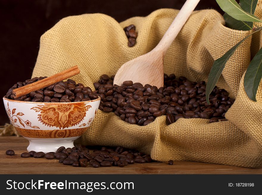 Beans of coffee on a bowl