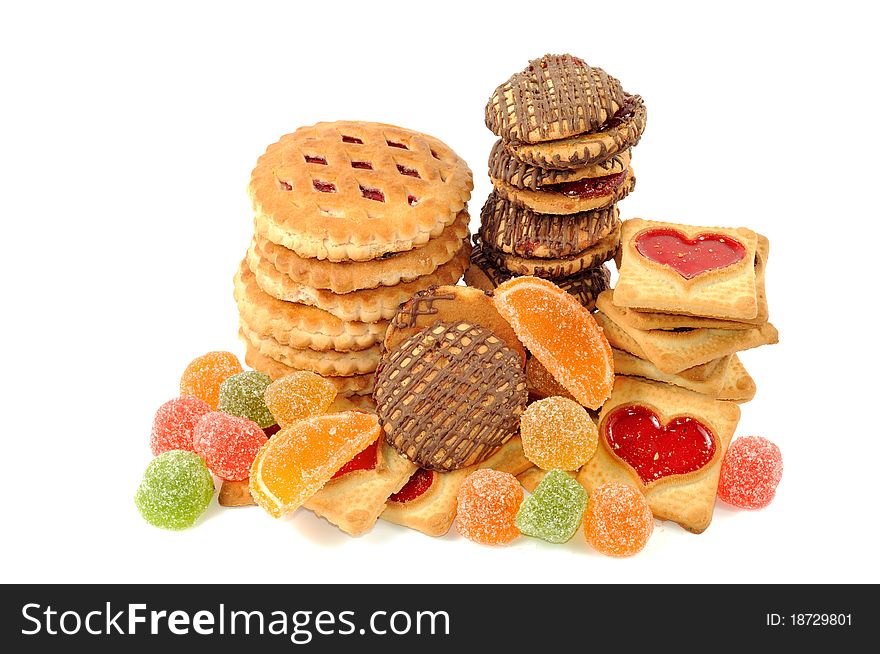Cookies and jelly candy , on a white background. Cookies and jelly candy , on a white background