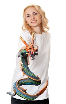 Beautiful Girl With A Wooden Dragon Stock Photo Beautiful Girl With A Wooden Dragon Stock Photo