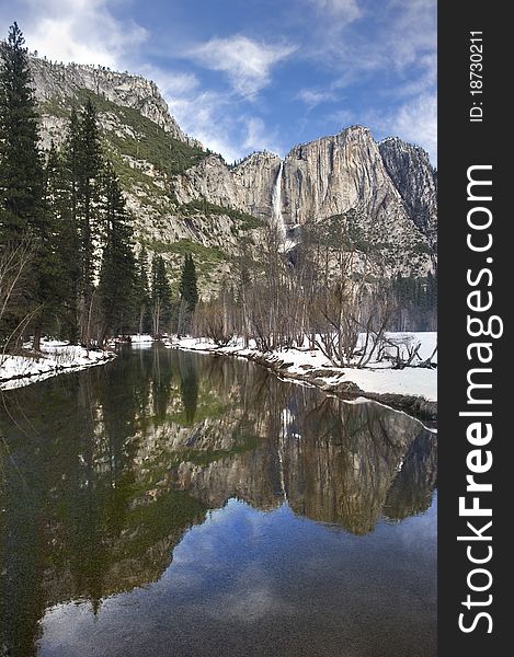 Yosemite Falls and a perfect reflection in Winter. Yosemite Falls and a perfect reflection in Winter.