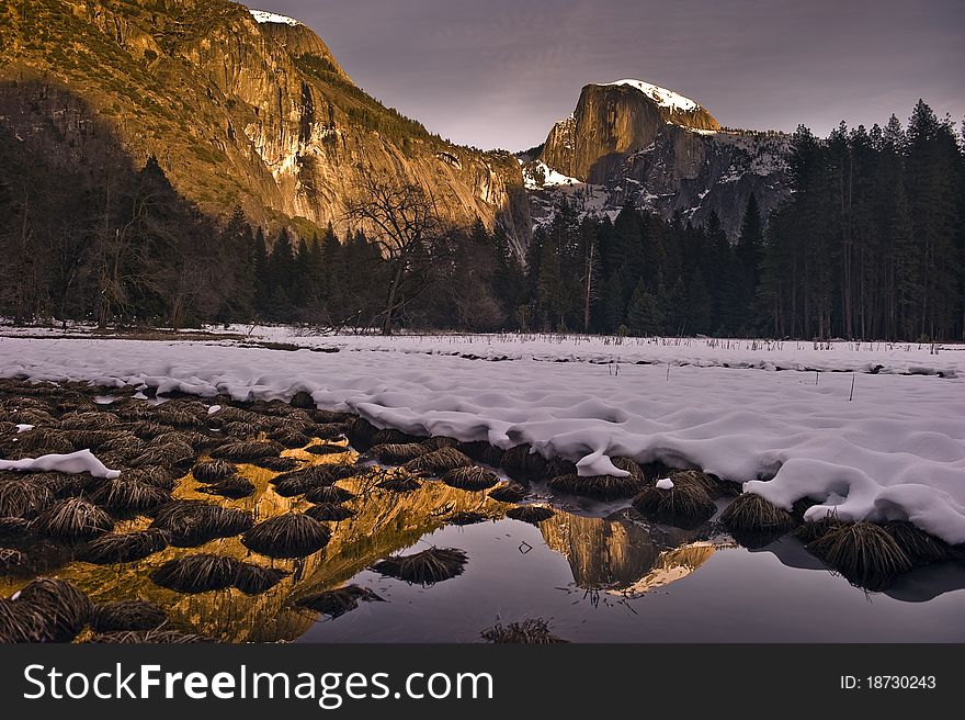 Snow Covered Half Dome At Sunset