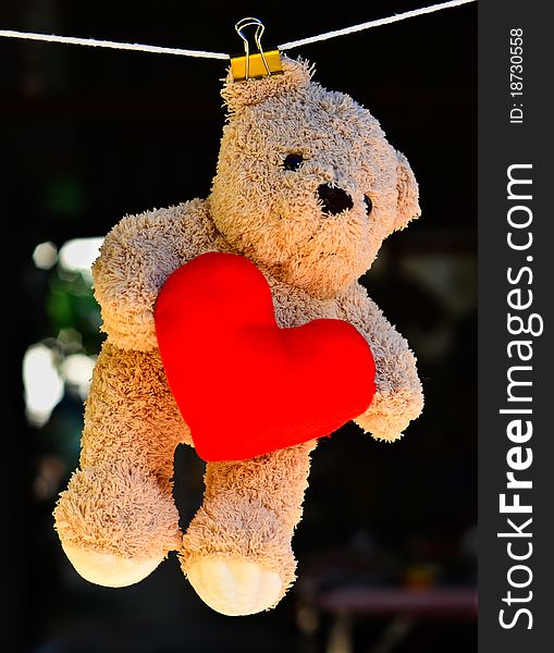 Wet teddy on a clothesline with Red Heart